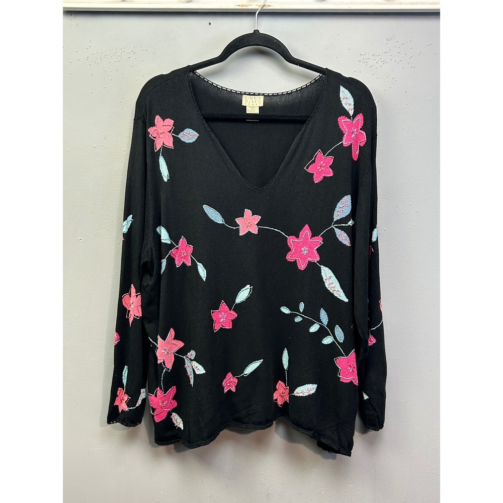 Sigrid Olsen Sport Sweater Womens 2X Black Floral Embroidered V-Neck Y2K Cotton